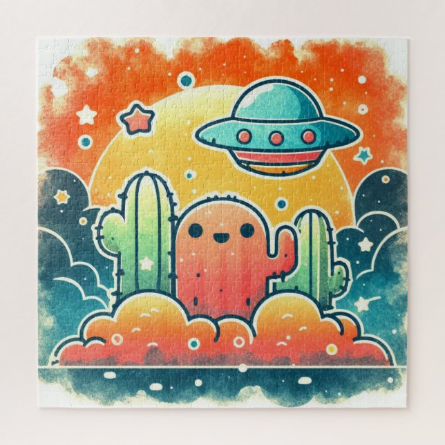 Farbenfrohe UFO Cactus Desert Scene Jigsaw Puzz Puzzle (Vertikal)