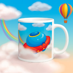 Farbenfrohe Ufo-Raumschiff, das durch Wolken flieg Kaffeetasse