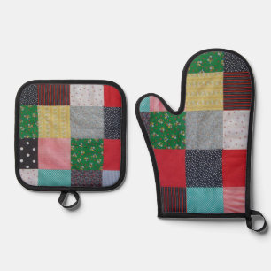 farbenfrohe und einzigartige handgefertigte Patchw Ofenhandschuh & Topflappen-Set