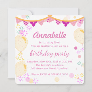 Farbenfrohe und Festliche Rosa Mädchen-Geburtstags Einladung