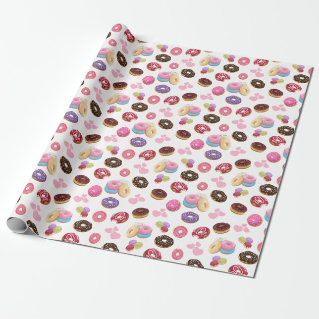 Farbenfrohe und geschmackvolle Donuts und Herz Geschenkpapier (Ungerollt)