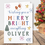 Farbenfrohe und helle alles Scandi Feiertagskarte<br><div class="desc">Farbenfrohe Personalisierte Weihnachtskarte mit Typografie-Design, dekoriert mit skandinavischen Doodles. Die Vorlage ist Set für Sie, um einen Namen auf der Kartenvorderseite hinzuzufügen und Sie können auch die Nachricht im Inneren bearbeiten. Der Wortlaut lautet "wünscht Ihnen ein fröhliches helles alles [Name]" und wird mit fett gepinselt und geschmeidig in orange, blau,...</div>