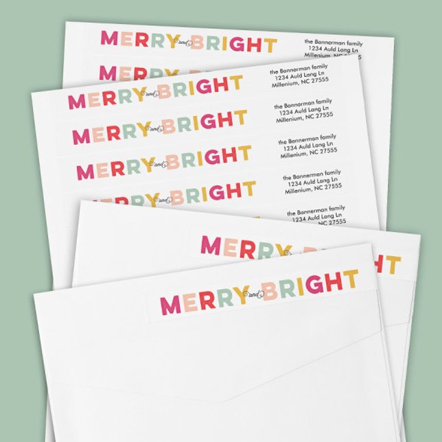 Farbenfrohe und helle Urlaubskarte (merry & bright festive pink Christmas return address wrap around envelope labels)