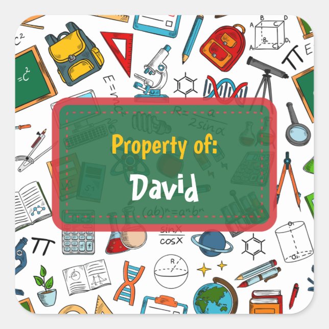 Farbenfrohe Unterrichtsmaterialien Personalisiert Quadratischer Aufkleber (Vorderseite)