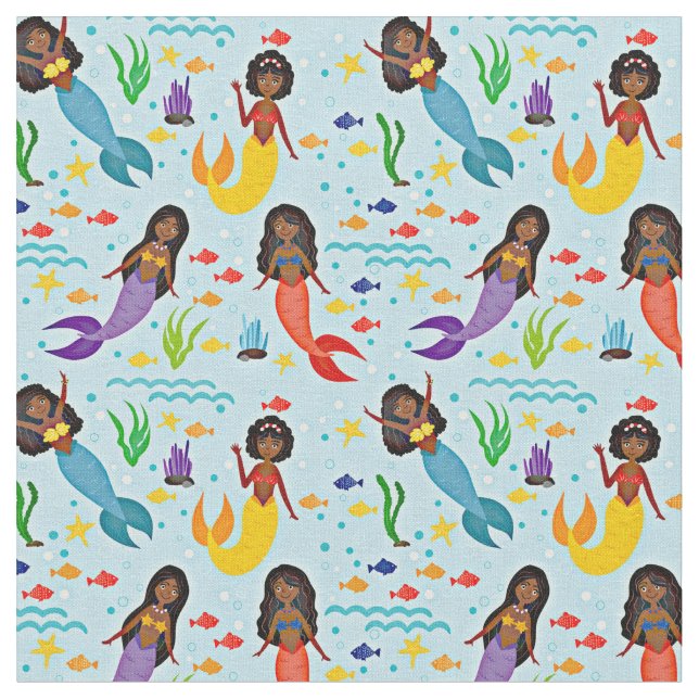 Farbenfrohe Unterseemädchen & Blauer Fisch Stoff (Nahaufnahme)