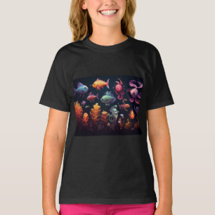 Farbenfrohe Unterwasserkreaturen auf schwarz T-Shirt