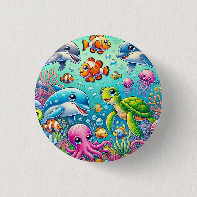 Farbenfrohe Unterwasserszene mit spielerischem Mee Button (Vorderseite)