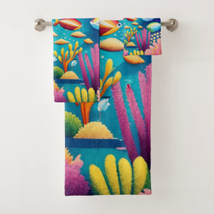 Farbenfrohe Unterwasserwelt unter dem Regenbogen Badhandtuch Set