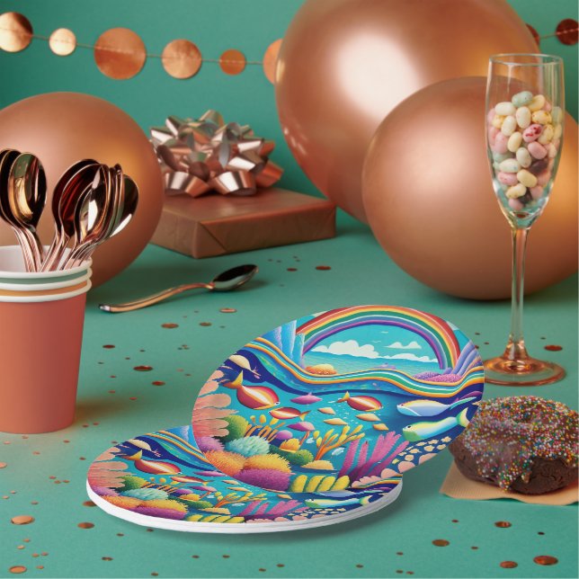 Farbenfrohe Unterwasserwelt unter dem Regenbogen Pappteller (Multi)