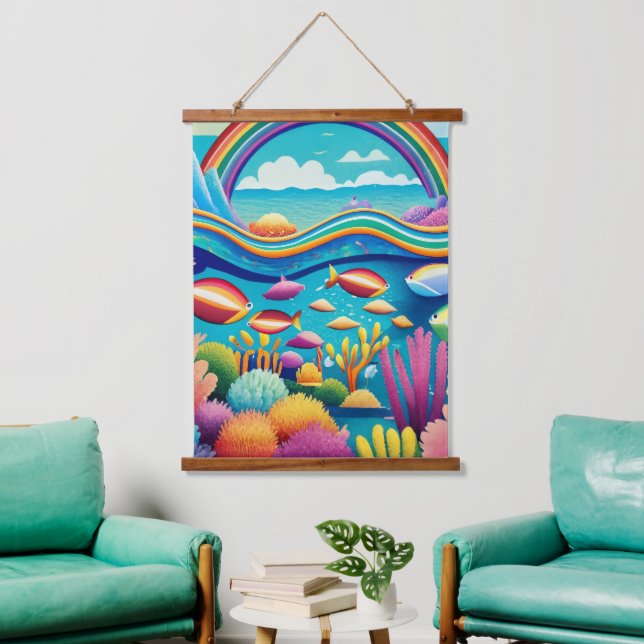 Farbenfrohe Unterwasserwelt unter dem Regenbogen Wandteppich Mit Holzrahmen (Wohnzimmer)