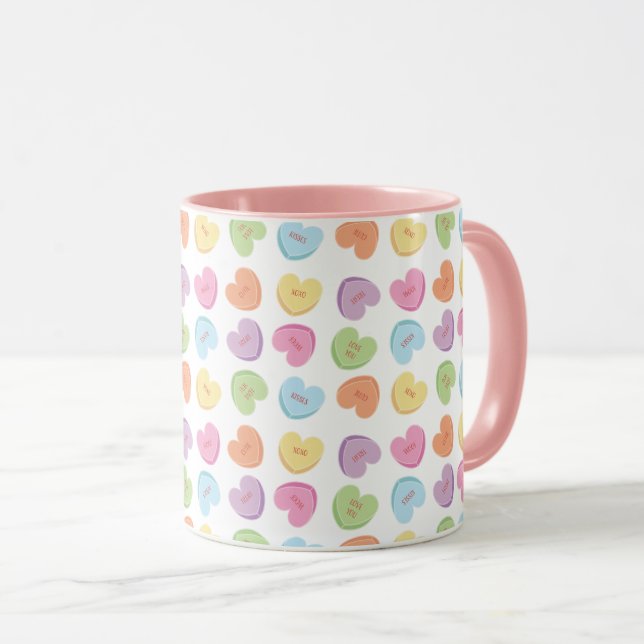 Farbenfrohe Valentine Candy Hearts Untersetzer Tasse (VorderseiteRechts)