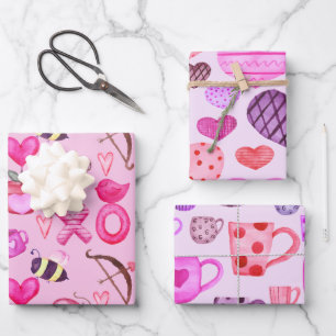 Farbenfrohe Valentinstag Collage Pink & Lila Geschenkpapier Set