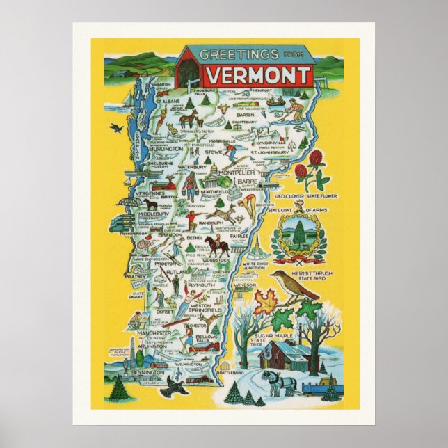Farbenfrohe Vermont Map 18 x 24 Print Poster (Vorne)