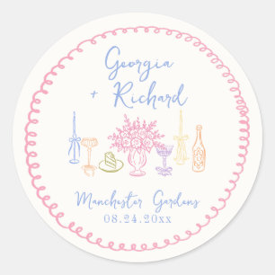 Farbenfrohe & Verrückte Handgezeichnete Hochzeit Runder Aufkleber