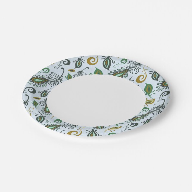 Farbenfrohe verschiedene Federn Pappteller (Schrägansicht)