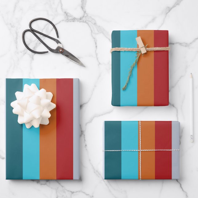 Farbenfrohe vertikale Retro-Streifen Geschenkpapier Set (Vorderseite)