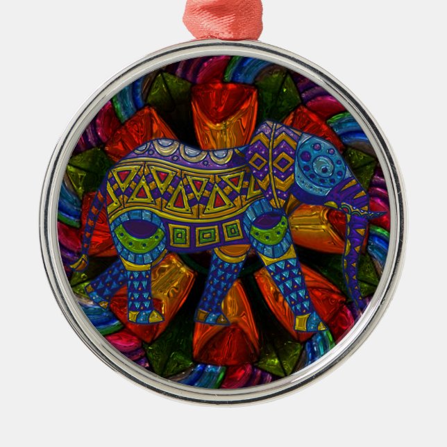Farbenfrohe Verzierte Elefant und Mandala Ornament Aus Metall (Vorne)