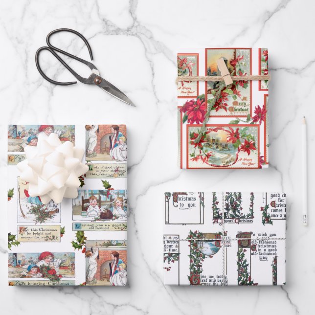 Farbenfrohe Viktorianische Weihnachtskarten-Collag Geschenkpapier Set (Vorderseite)