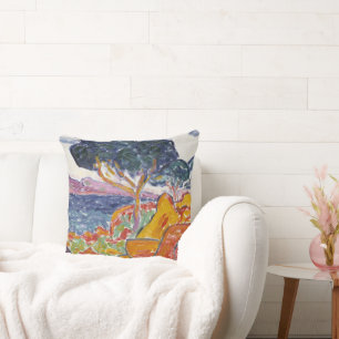 Farbenfrohe Vintage-Berglandschaft mit Zitat Kissen
