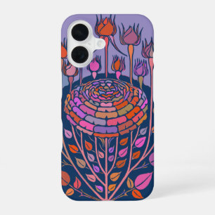 Farbenfrohe Vintage-Blumenkunst in Lila und Blau iPhone 16 Hülle