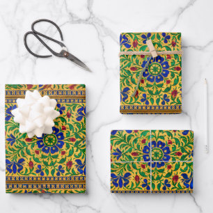 Farbenfrohe Vintage Blumenmuster mit Vögeln Geschenkpapier Set