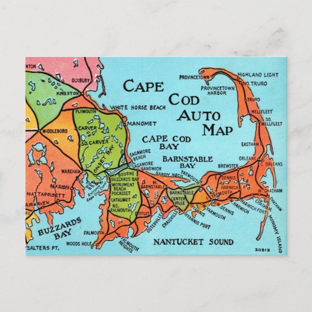 Farbenfrohe Vintage Cape Cod Map Postkarte (Vorderseite)