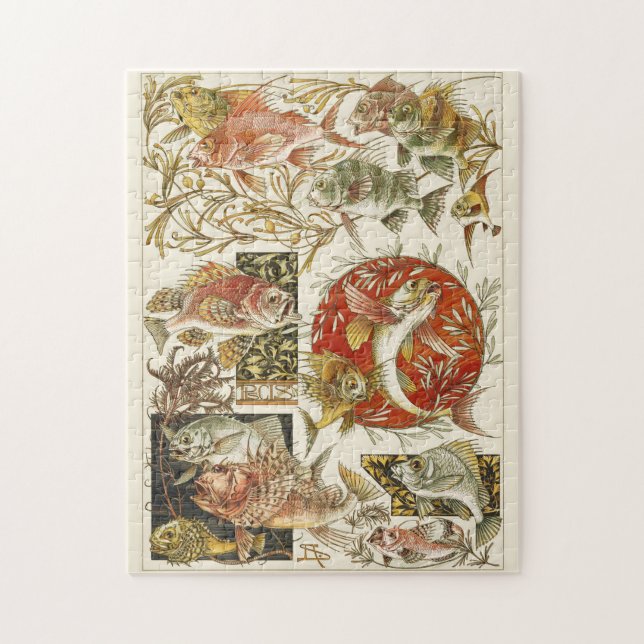 Farbenfrohe Vintage Fische, Jugendstil Puzzle (Vertikal)