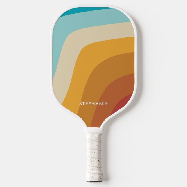 Farbenfrohe Vintage Regenbogenwellen Personalisier Pickleball Schläger (Vorderseite)