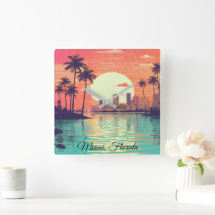 Farbenfrohe Vintage Retro Miami Florida Reise Quadratische Wanduhr