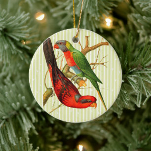 Farbenfrohe Vintage Rot-Grün-Papageien-Illustratio Keramik Ornament
