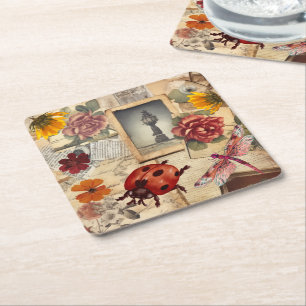 Farbenfrohe vintage-rustikale Papier-Libelle Blume Rechteckiger Pappuntersetzer