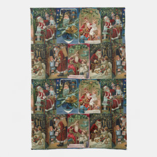 Farbenfrohe Vintage-Weihnachtsmann-Collage Geschirrtuch