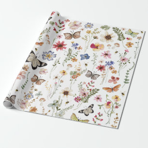 Farbenfrohe Vintage Wildblumen Schmetterlinge bota Geschenkpapier