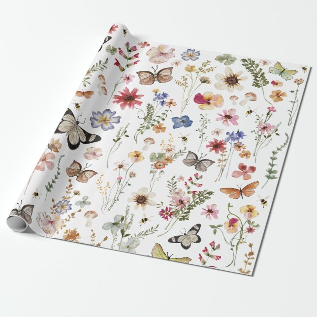 Farbenfrohe Vintage Wildblumen Schmetterlinge bota Geschenkpapier (Ungerollt)