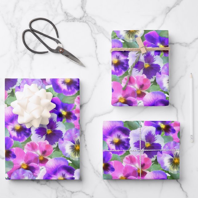 Farbenfrohe Violetten Pansy Blume Muster Geschenkpapier Set (Vorderseite)