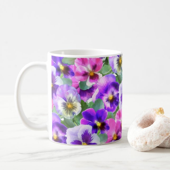 Farbenfrohe Violetten Pansy Blume Muster Kaffeetasse (Mit Donut)