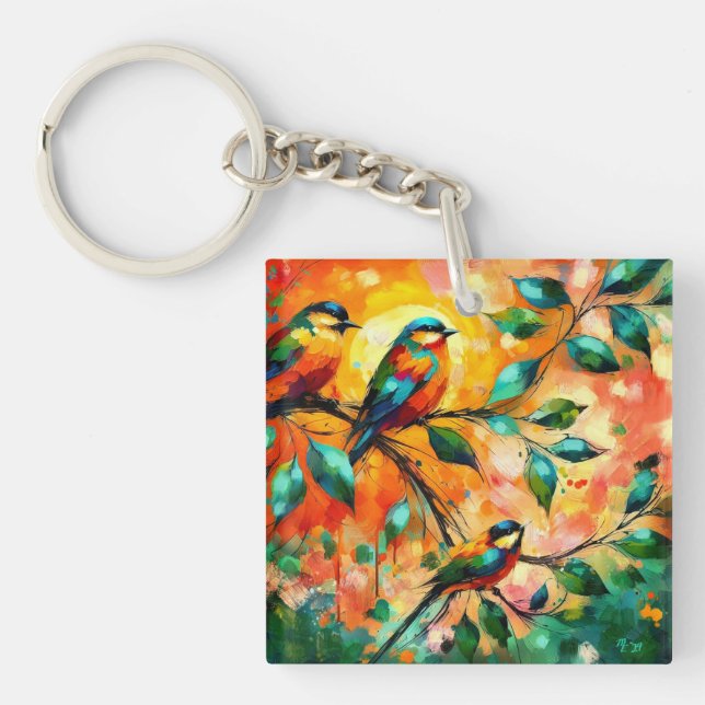 Farbenfrohe Vögel auf Branchen Sommerzeit Schlüsselanhänger (Vorderseite)