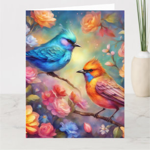 Farbenfrohe Vögel auf dem Zweig Rosa Blaue Vögel 9 Dankeskarte
