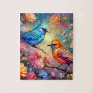 Farbenfrohe Vögel auf dem Zweig Rosa Blaue Vögel 9 Puzzle
