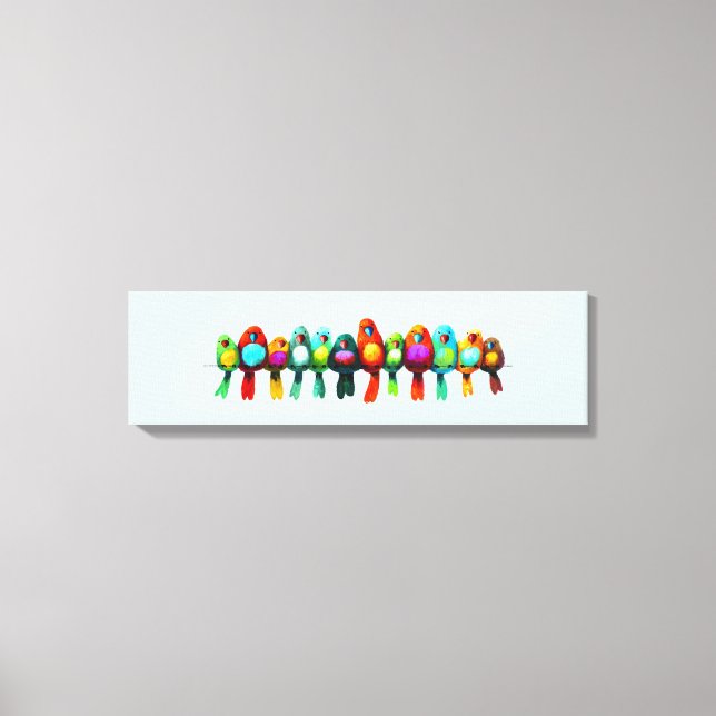 Farbenfrohe Vögel auf Draht Leinwanddruck (Vorderseite)