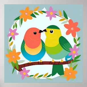 Farbenfrohe Vögel auf einem Zweig Poster