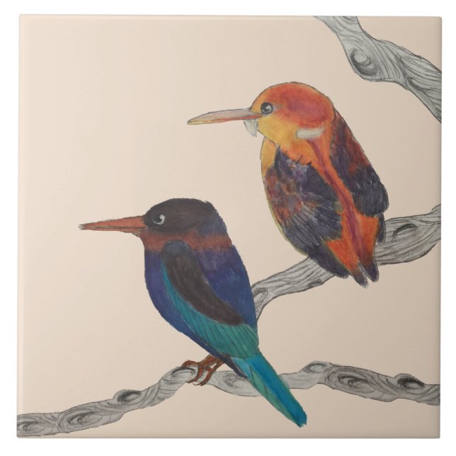 Farbenfrohe Vögel auf einer Keramik Fliese (Vorderseite)
