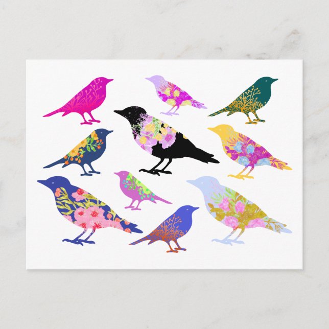 Farbenfrohe Vögel Blume Blätter Chic Floral Animal Postkarte (Vorderseite)