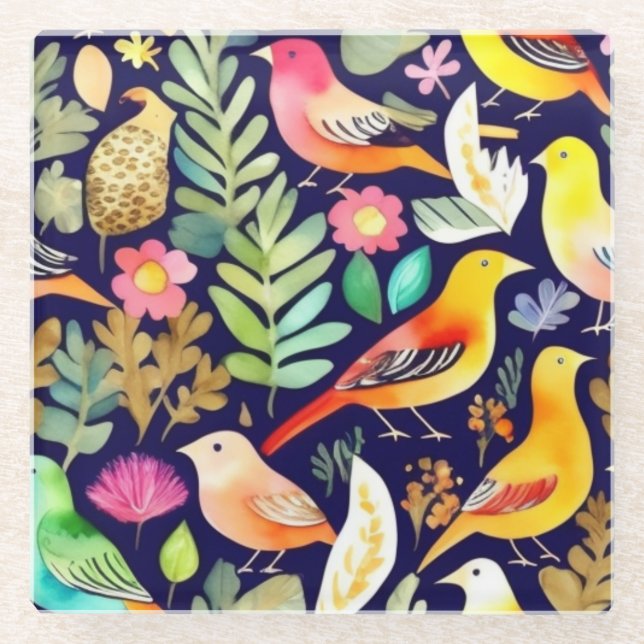 Farbenfrohe Vögel Blumenmuster blaue Dekoration Glasuntersetzer (Vorderseite)