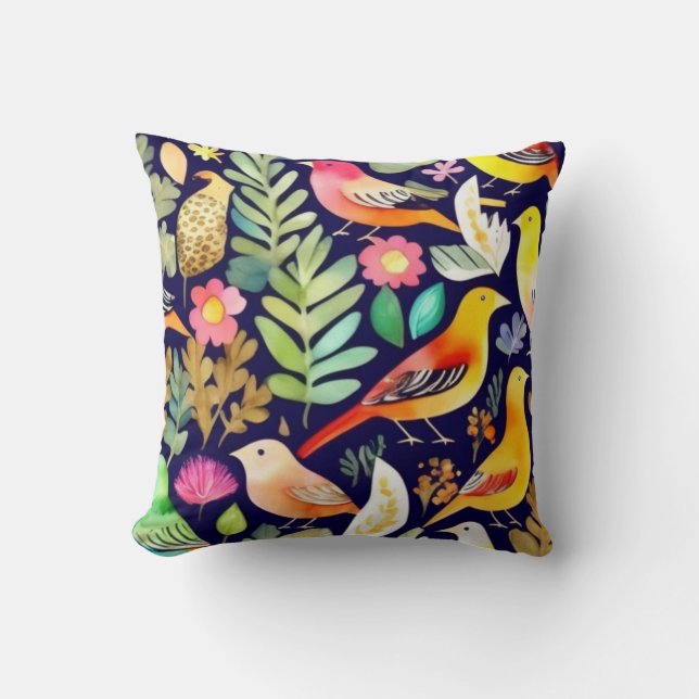 Farbenfrohe Vögel Blumenmuster blaue Dekoration Kissen (Vorderseite)