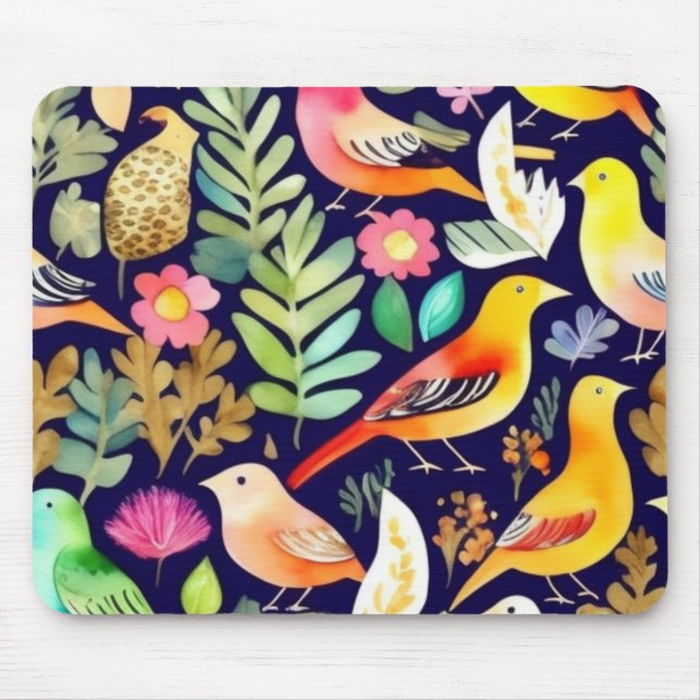 Farbenfrohe Vögel Blumenmuster blaue Dekoration Mousepad (Vorne)