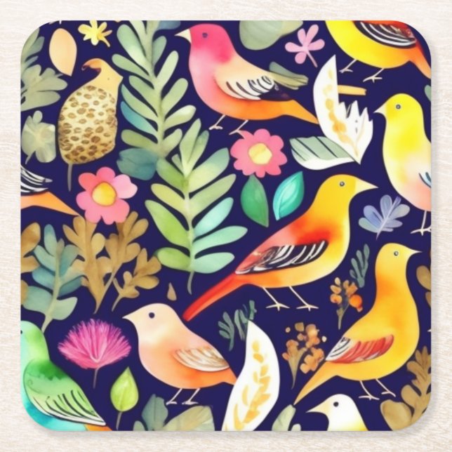 Farbenfrohe Vögel Blumenmuster blaue Dekoration Rechteckiger Pappuntersetzer (Vorderseite)