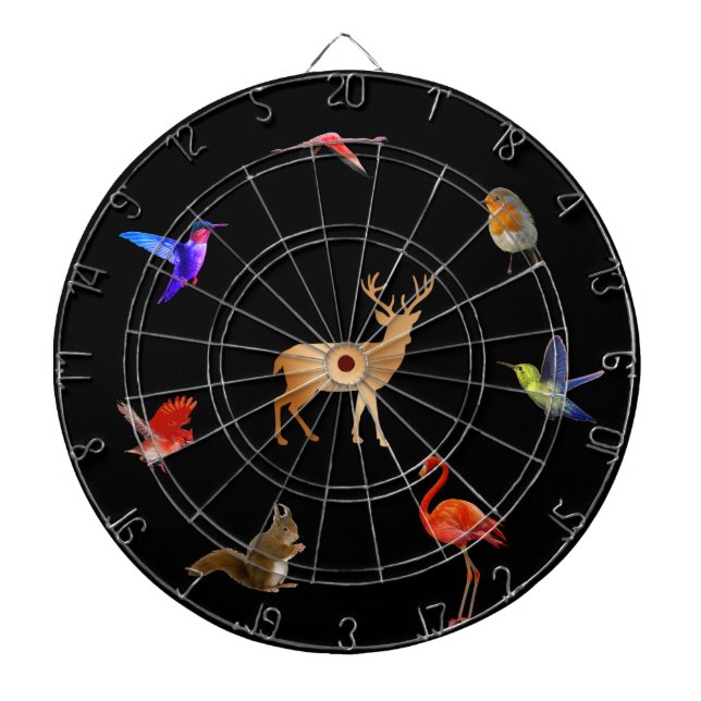 Farbenfrohe Vögel, Hirsche und Eichhörnchen auf Sc Dartscheibe (vorne)