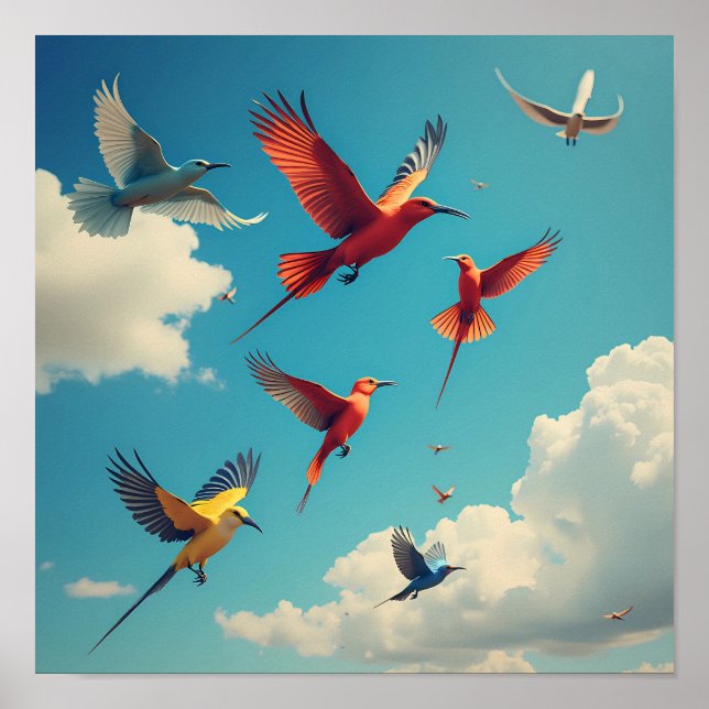 Farbenfrohe Vögel im blauen Himmel Poster (Vorne)