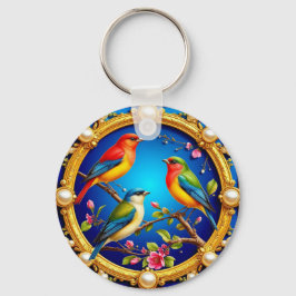 Farbenfrohe Vögel in Verziertem goldenen Rahmen Schlüsselanhänger